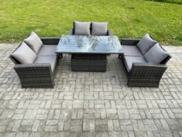 Rackhams 6 Seater Rattan Wicker Garden Furniture Patio Conservatory Sofa Set with Height Adjustable Rising Lifting Table Double Seat Sofa - thumbnail 1