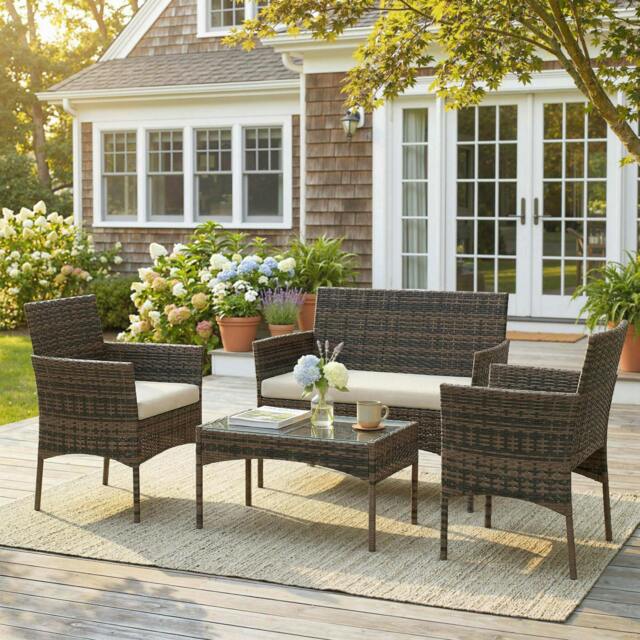 Rackhams 4 Piece Rattan Garden Furniture Sofa Set with Cushions, Brown - Rattan Garden Furniture Set - Steel, PE Rattan - 102W x 58D x 82H cm - image 1