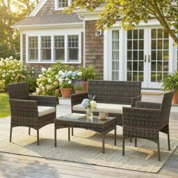 Rackhams 4 Piece Rattan Garden Furniture Sofa Set with Cushions, Brown - Rattan Garden Furniture Set - Steel, PE Rattan - 102W x 58D x 82H cm