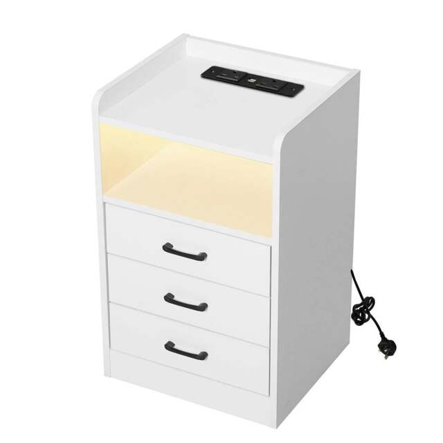 Rackhams Bedside Table Nightstand USB Charger Outlet RGB LED 3 Drawers Storage - White