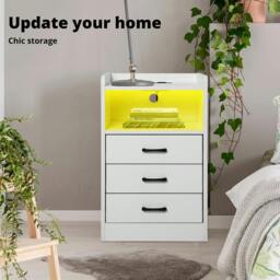 Rackhams Bedside Table Nightstand USB Charger Outlet RGB LED 3 Drawers Storage - White - thumbnail 5