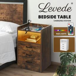 Rackhams Bedside Table Nightstand USB Charger Outlet RGB LED 3 Drawers Storage - White - thumbnail 3