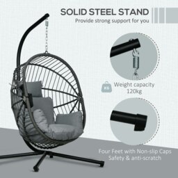 Rackhams Hanging Swing Chair w/ Thick Cushion, Patio Hanging Chair, Grey - Grey - thumbnail 4