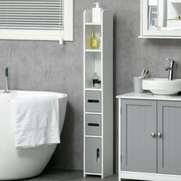Rackhams Modern Bathroom Storage Cabinet, Freestanding Tall Bathroom Cabinet with Open Shelves and 3 Cupboards with Door, for Bedroom Hallway, Grey - thumbnail 2