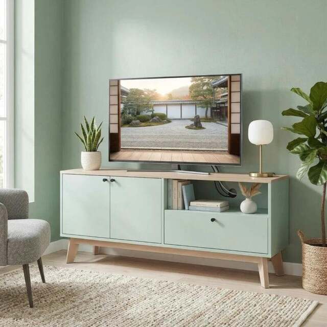 Rackhams TV Stand Cabinet for Television up to 36 Inch, Modern TV Unit with 2 Doors, Entertainment Center with Adjustable Shelf - Light Green - image 1