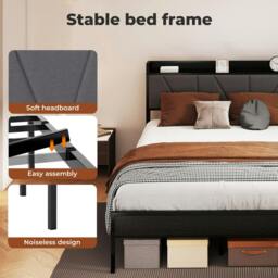 Rackhams Bed Frame Metal Platform Upholstered Headboard with Storage Single Double - 3FT Single - thumbnail 6