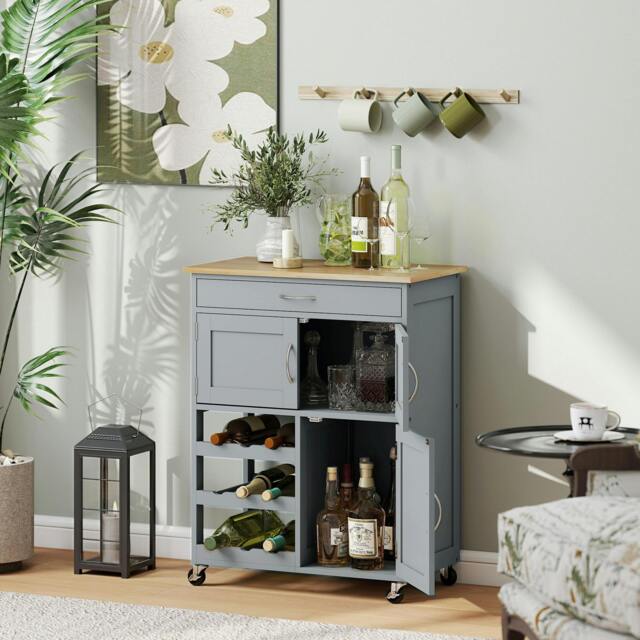 Rackhams Rolling Kitchen Island Trolley Storage Cart w/ Rubberwood Top, Grey - Grey - 1 - Rubberwood, MDF - image 1