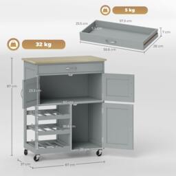 Rackhams Rolling Kitchen Island Trolley Storage Cart w/ Rubberwood Top, Grey - Grey - 1 - Rubberwood, MDF - thumbnail 6