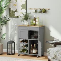 Rackhams Rolling Kitchen Island Trolley Storage Cart w/ Rubberwood Top, Grey - Grey - 1 - Rubberwood, MDF - thumbnail 2