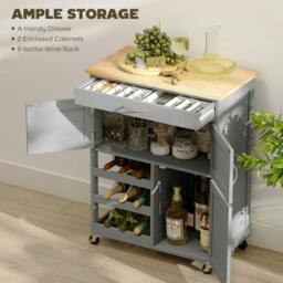 Rackhams Rolling Kitchen Island Trolley Storage Cart w/ Rubberwood Top, Grey - Grey - 1 - Rubberwood, MDF - thumbnail 4