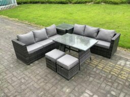 Rackhams 8 Seater Wicker PE Rattan Garden Dining Set Outdoor Furniture Sofa with Side Table Dining Table Stools Dark Grey Mixed - thumbnail 1