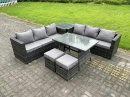Rackhams 8 Seater Wicker PE Rattan Garden Dining Set Outdoor Furniture Sofa with Side Table Dining Table Stools Dark Grey Mixed - thumbnail 2