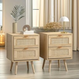 Rackhams Set Of 2 Wooden Rattan Bedside Tables With 2 Drawers Brown - thumbnail 4