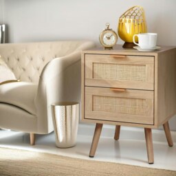 Rackhams Set Of 2 Wooden Rattan Bedside Tables With 2 Drawers Brown - thumbnail 2
