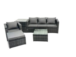 Rackhams Lounge Dark Mixed Grey Rattan Sofa Set With 2 Table Stool Outdoor Garden Furniture Patio Side Table 5 Seater - thumbnail 1