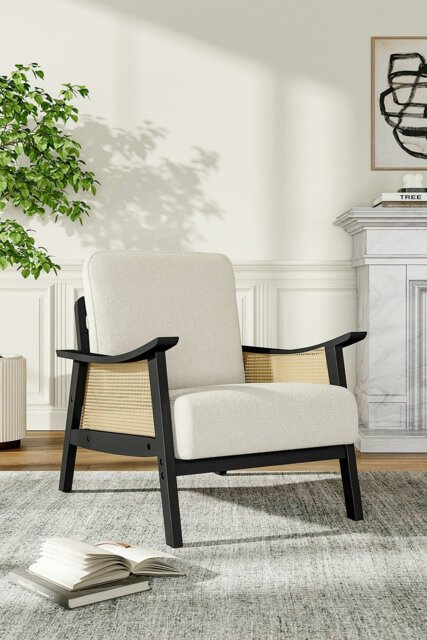 Rackhams White Teddy Fur Rattan Armrest Sofa Cushioned Armchair with Dark Leg - White - image 1