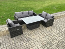 Rackhams Outdoor Rattan Garden Dining Set - Dark Grey Mixed Patio Height Adjustable Rising Lifting Table with 3-Seater Sofa & Reclining Chair