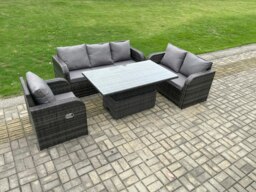 Rackhams Outdoor Rattan Garden Dining Set - Dark Grey Mixed Patio Height Adjustable Rising Lifting Table with 3-Seater Sofa & Reclining Chair - thumbnail 2