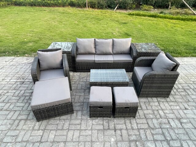 Rackhams Rattan Garden Furniture Set - Dark Grey Mixed Patio Lounge Sofa with Rectangular Coffee Table & 3 Footstools - image 1