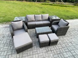 Rackhams Rattan Garden Furniture Set - Dark Grey Mixed Patio Lounge Sofa with Rectangular Coffee Table & 3 Footstools - thumbnail 2