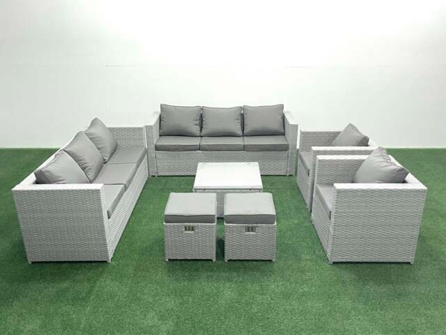 Rackhams Outdoor Rattan Sofa Garden Furniture Set with 2 Armchairs Square Coffee Table 2 Small Footstools Light Grey Mixed - image 1
