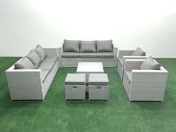 Rackhams Outdoor Rattan Sofa Garden Furniture Set with 2 Armchairs Square Coffee Table 2 Small Footstools Light Grey Mixed - thumbnail 2