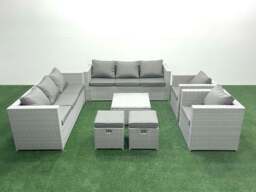Rackhams Outdoor Rattan Sofa Garden Furniture Set with 2 Armchairs Square Coffee Table 2 Small Footstools Light Grey Mixed - thumbnail 1