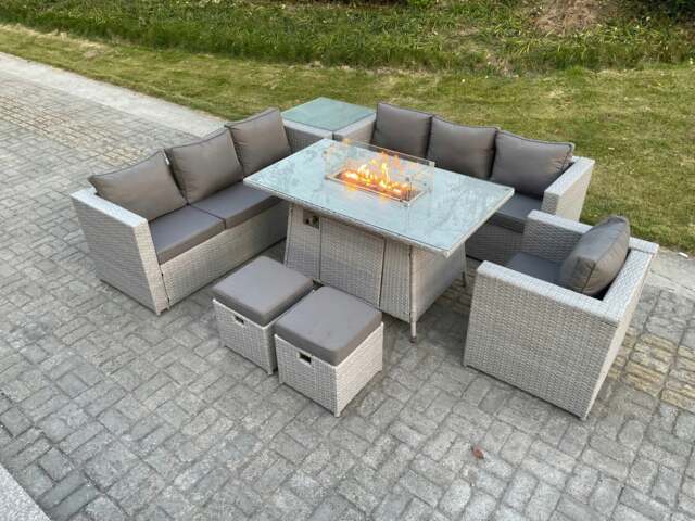 Rackhams Light Grey Rattan Fire Pit Garden Furniture Dining Table Set Gas Heater Burner Lounge Sofa With Side Coffee Table - image 1