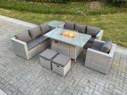 Rackhams Light Grey Rattan Fire Pit Garden Furniture Dining Table Set Gas Heater Burner Lounge Sofa With Side Coffee Table - thumbnail 2