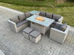 Rackhams Light Grey Rattan Fire Pit Garden Furniture Dining Table Set Gas Heater Burner Lounge Sofa With Side Coffee Table - thumbnail 1