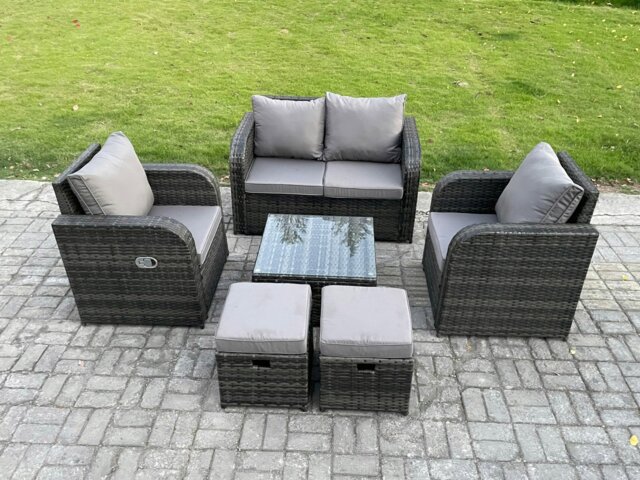 Rackhams Rattan Garden Furniture Set Patio Conservatory Indoor Outdoor 6 Piece Set with Love Sofa Square Coffee Table 2 Small Footstools - image 1
