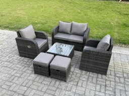 Rackhams Rattan Garden Furniture Set Patio Conservatory Indoor Outdoor 6 Piece Set with Love Sofa Square Coffee Table 2 Small Footstools - thumbnail 2