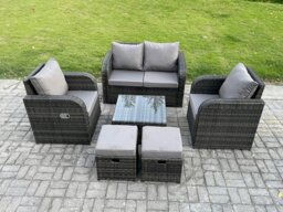 Rackhams Rattan Garden Furniture Set Patio Conservatory Indoor Outdoor 6 Piece Set with Love Sofa Square Coffee Table 2 Small Footstools - thumbnail 1