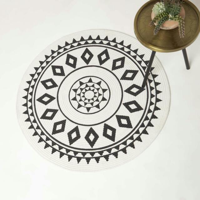 Rackhams Lia White & Black Mandala Handoven Cotton Rug - 90 cm Round