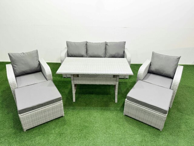 Rackhams PE Rattan Garden Furniture Set Reclining Chair Sofa Lounge Sofa Set Rectangular Dining Table 2 Big Footstool Light Grey - image 1