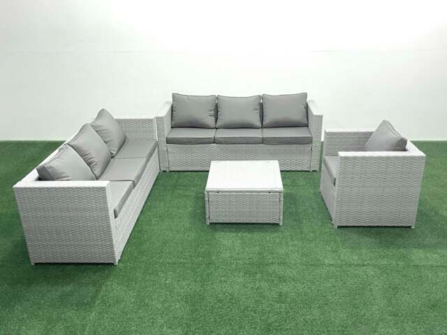 Rackhams Wicker PE Rattan Sofa Garden Furniture Set with Armchair Square Coffee Table Light Grey Mixed - image 1