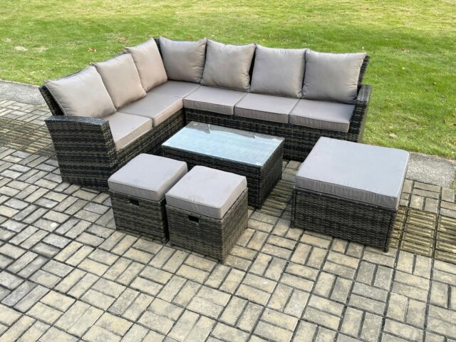 Rackhams 9 Seater High Back Outdoor Garden Furniture Set Rattan Corner Sofa Set With Rectangular Coffee Table 3 Footstools Dark Grey Mixed - image 1