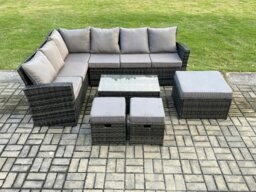 Rackhams 9 Seater High Back Outdoor Garden Furniture Set Rattan Corner Sofa Set With Rectangular Coffee Table 3 Footstools Dark Grey Mixed - thumbnail 2