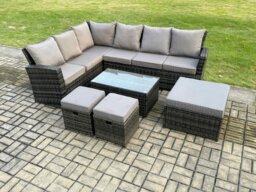 Rackhams 9 Seater High Back Outdoor Garden Furniture Set Rattan Corner Sofa Set With Rectangular Coffee Table 3 Footstools Dark Grey Mixed - thumbnail 1