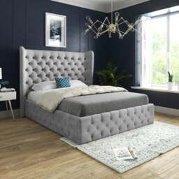 Rackhams Florence Wide Winged Upholstered Soft Velvet Bed Frame - Grey - Grey - Double - thumbnail 1