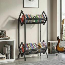 Rackhams 50 CD Storage Rack, 2-Tier Metal Display Rack for CDs, DVDs, Black - Black - 45.2L x 25.4W x 80H cm - 1