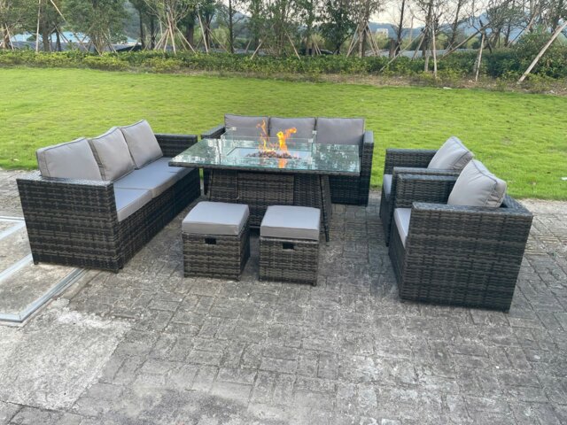 Rackhams Outdoor Rattan Garden Furniture Gas Fire Pit Dining Table Sets Gas Heater Lounge Chairs Small Footstools Dark Mixed Grey 10 Seater - image 1