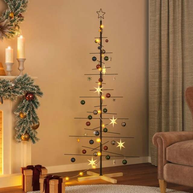 Rackhams Metal Christmas Tree with Wooden Base Black 180 cm - Black - Powder-coated steel, solid pine wood