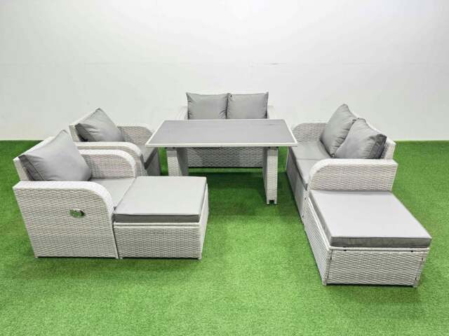 Rackhams 7 Pieces Outdoor PE Rattan Sofa Reclining Chair Set Patio Garden Furniture Sets with Cushions 2 Big Stools Light Grey - image 1