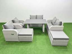 Rackhams 7 Pieces Outdoor PE Rattan Sofa Reclining Chair Set Patio Garden Furniture Sets with Cushions 2 Big Stools Light Grey - thumbnail 1
