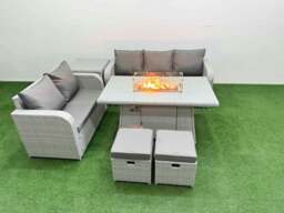 Rackhams 7 Seater PE Rattan Wicker Garden Furniture Patio Conservatory Sofa Set with Fire Pit Dining Table 3 Seater Sofa Love Sofa 2 Stools Side Table - thumbnail 1