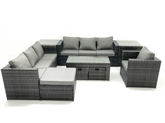 Rackhams Outdoor Garden Furniture Set 10 Seater Rattan Sofa Set with Coffee Table 3 Footstools Armchair 2 Side Tables Dark Grey Mixed - image 1