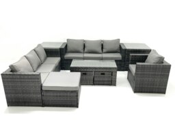 Rackhams Outdoor Garden Furniture Set 10 Seater Rattan Sofa Set with Coffee Table 3 Footstools Armchair 2 Side Tables Dark Grey Mixed - thumbnail 1