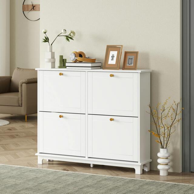 Rackhams Narrow Shoe Cabinet with 4 Flip Drawers Adjustable Shelves, Black - White - image 1