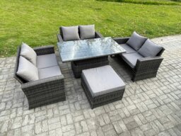 Rackhams 7 Seater Rattan Wicker Garden Furniture Patio Conservatory Sofa Set with Height Adjustable Rising Lifting Table Double Seat Sofa Big Footstool - thumbnail 2